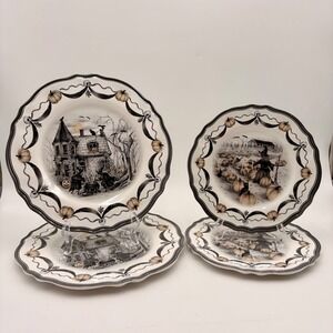 Halloween Witch Haunted House Dinner Salad Plate Set 4pc Gothic Sketch Melamine